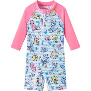 imageUMELOK Baby Girls One Piece Swimsuit Full Zip UPF 50 Sun Protection Swimwear Rash Guard Swim SuitPink  Blue Striped Dinosaur