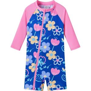 imageUMELOK Baby Girls One Piece Swimsuit Full Zip UPF 50 Sun Protection Swimwear Rash Guard Swim SuitPink Blue Flower