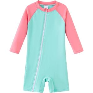 imageUMELOK Baby Girls One Piece Swimsuit Full Zip UPF 50 Sun Protection Swimwear Rash Guard Swim SuitPink Green