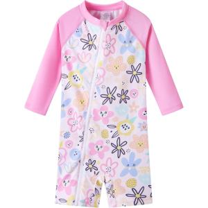 imageUMELOK Baby Girls One Piece Swimsuit Full Zip UPF 50 Sun Protection Swimwear Rash Guard Swim SuitPink colorful Flowers