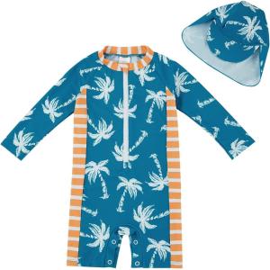 imageUMELOK Baby Boys UPF 50 Sun Protection One Piece Rashguard Swimsuit with Snap BottomBlue  Coconut Trees