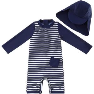 imageUMELOK Baby Boys UPF 50 Sun Protection One Piece Rashguard Swimsuit with Snap BottomBlue  Striped