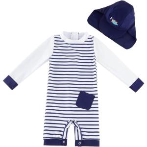 imageUMELOK Baby Boys UPF 50 Sun Protection One Piece Rashguard Swimsuit with Snap BottomBlue Stripes