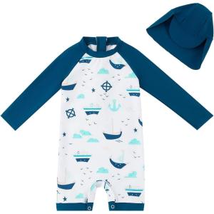 imageUMELOK Baby Boys UPF 50 Sun Protection One Piece Rashguard Swimsuit with Snap BottomBlue sailboat