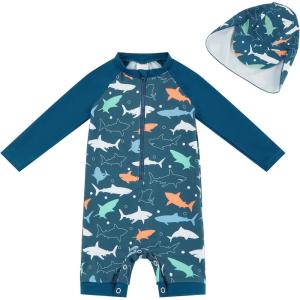 imageUMELOK Baby Boys UPF 50 Sun Protection One Piece Rashguard Swimsuit with Snap BottomDark Blue  Shark