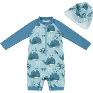imageUMELOK Baby Boys UPF 50 Sun Protection One Piece Rashguard Swimsuit with Snap BottomDusty Blue  Whale