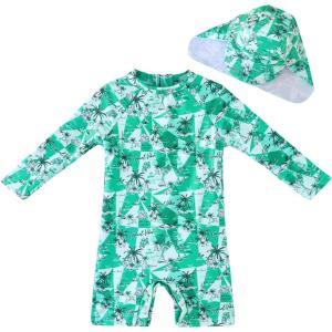 imageUMELOK Baby Boys UPF 50 Sun Protection One Piece Rashguard Swimsuit with Snap BottomGreen  Coconut Tree