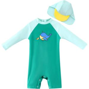 imageUMELOK Baby Boys UPF 50 Sun Protection One Piece Rashguard Swimsuit with Snap BottomGreen whale