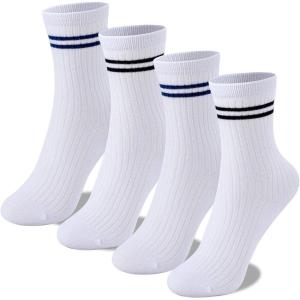 imageUMELOK Kids Athletic Socks Cotton Crew Socks for Boys and Girls with Stripes and Flower 4 PairsBlack Navy Stripes