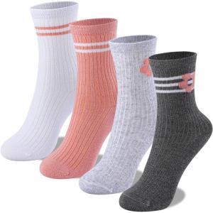 imageUMELOK Kids Athletic Socks Cotton Crew Socks for Boys and Girls with Stripes and Flower 4 PairsPink Flower Stripes