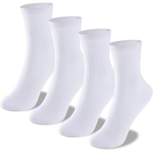 imageUMELOK Kids Athletic Socks Cotton Crew Socks for Boys and Girls with Stripes and Flower 4 PairsWhite