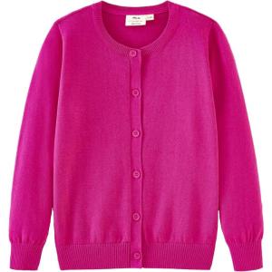 imageUMELOK Girls Cardigan School Uniform Sweater Crew Neck Long Sleeve Cotton SweatersDeep Rose