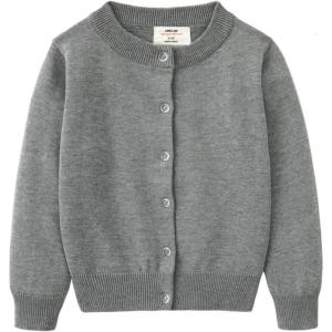 imageUMELOK Girls Cardigan School Uniform Sweater Crew Neck Long Sleeve Cotton SweatersGrey