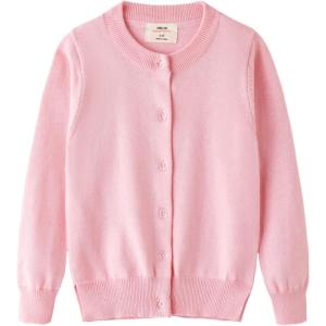 imageUMELOK Girls Cardigan School Uniform Sweater Crew Neck Long Sleeve Cotton SweatersLight Pink