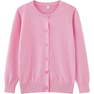 imageUMELOK Girls Cardigan School Uniform Sweater Crew Neck Long Sleeve Cotton SweatersPink1