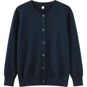 imageUMELOK Girls Cardigan School Uniform Sweater Crew Neck Long Sleeve Cotton SweatersDark Blue