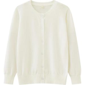 imageUMELOK Girls Cardigan School Uniform Sweater Crew Neck Long Sleeve Cotton SweatersMilk White