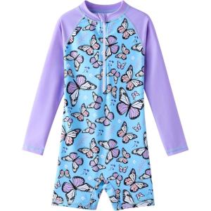 imageUMELOK Girls Long Sleeve Rash Guard One Piece Swimsuits with UV Protection SunsuitBlue  Butterfly