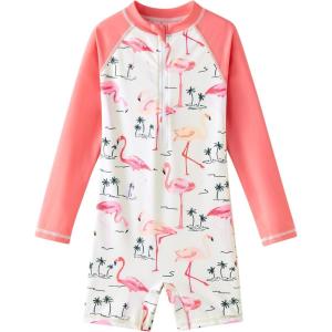 imageUMELOK Girls Long Sleeve Rash Guard One Piece Swimsuits with UV Protection SunsuitPink Flamingos