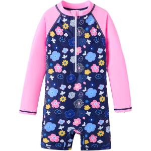 imageUMELOK Girls Long Sleeve Rash Guard One Piece Swimsuits with UV Protection SunsuitPink Purple Flower