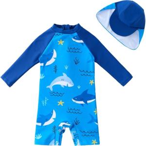 image:imageUMELOK Baby Boys UPF 50 Sun Protection One Piece Rashguard Swimsuit with Snap BottomBlue  Cute Shark