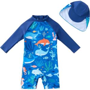 image:imageUMELOK Baby Boys UPF 50 Sun Protection One Piece Rashguard Swimsuit with Snap BottomBlue  Dolphin