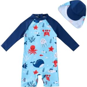 image:imageUMELOK Baby Boys UPF 50 Sun Protection One Piece Rashguard Swimsuit with Snap BottomLight Blue  Sea Creatures